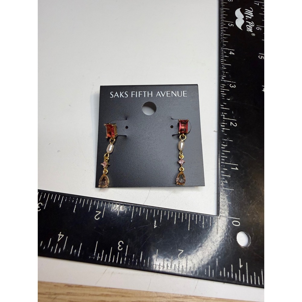 Saks Fifth Avenue Gold Tone Multi Stone Pearl Drop Earrings Red Amber Pink